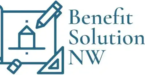Logo for Benefit Solution NW featuring a blueprint with a house symbol, pencil, and ruler, in teal. Text reads 