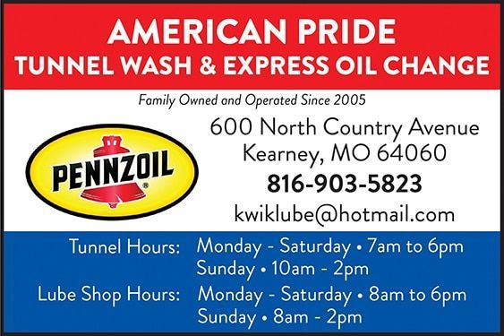 Advertisement for American Pride Tunnel Wash & Express Oil Change in Kearney, MO. Red and blue color scheme with Pennzoil logo, hours, and contact information.
