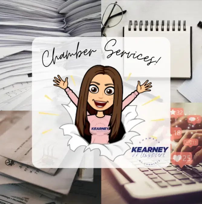 Woman emerging from a torn paper, advertising Kearney Chamber Services, surrounded by office supplies and social media.