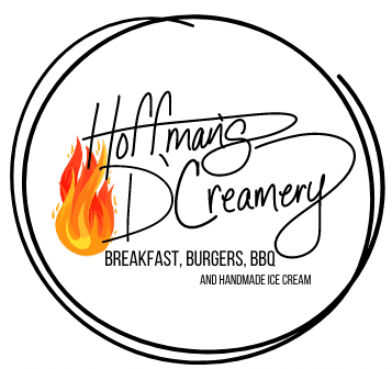 Logo for Hoffman's Creamery with a flame, encircled text, 