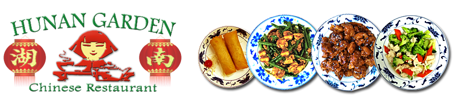 Hunan Garden Chinese restaurant logo with food plates: spring rolls, vegetable stir-fry, chicken and rice, and broccoli.