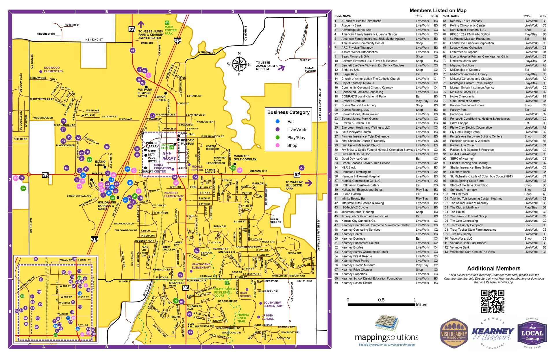 Map of a city with markers for locations, accompanied by a list of places and their addresses. Yellow background with roads and some buildings.