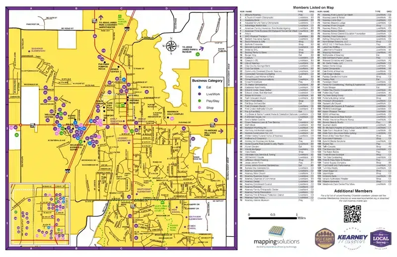 Map of a city with markers for locations, accompanied by a list of places and their addresses. Yellow background with roads and some buildings.