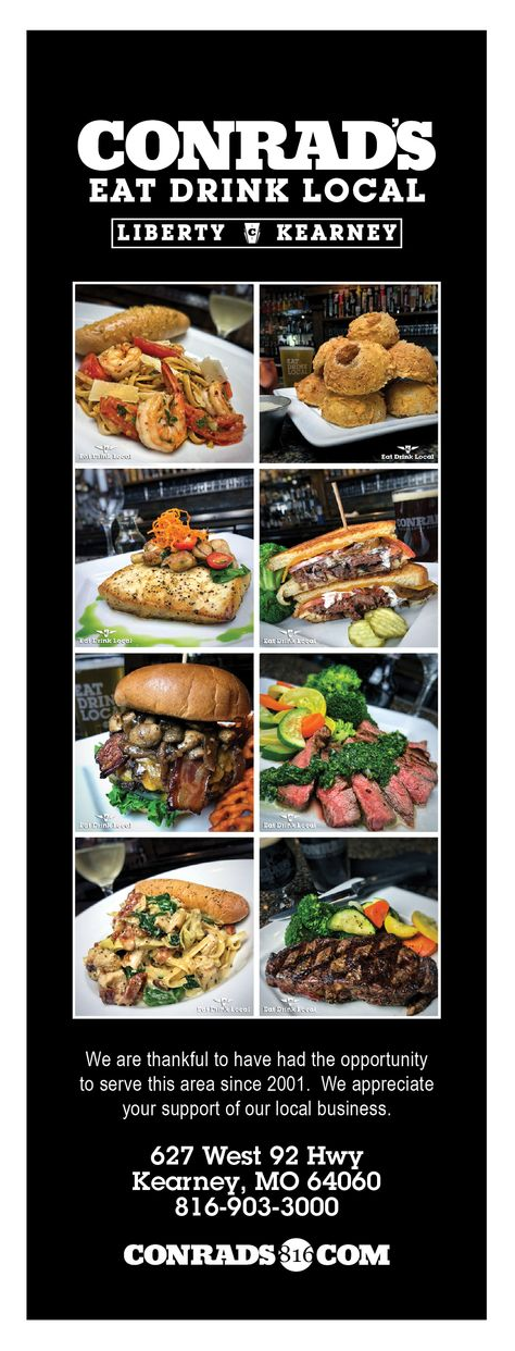 Conrad's Local Kitchen & Patio menu featuring a variety of food images; text at bottom thanking for supporting local.