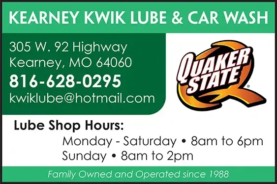 Advertisement for Kearney Kwik Lube & Car Wash in Kearney, MO. Includes address, phone, hours, and Quaker State logo.