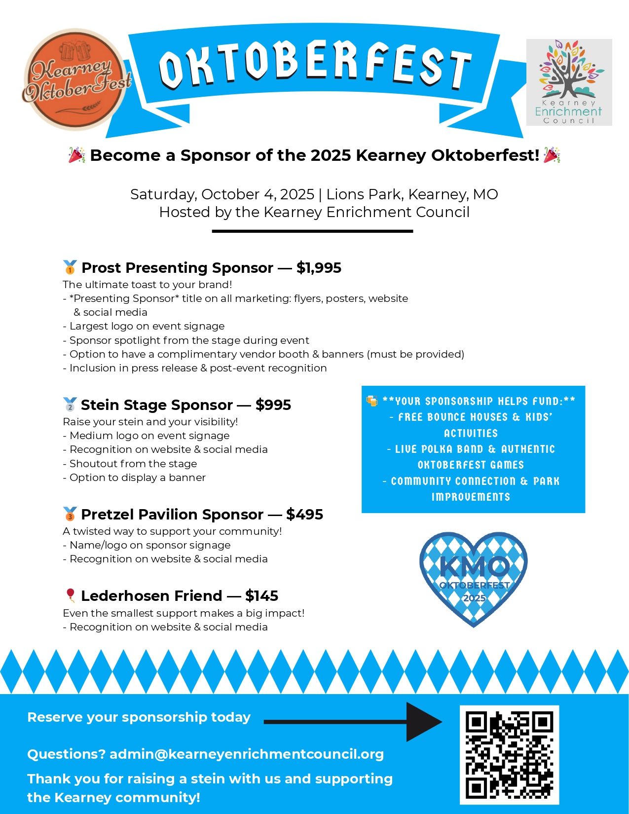 Oktoberfest sponsor flyer. Lists sponsorship levels and benefits for the 2025 event in Kearney, NE.