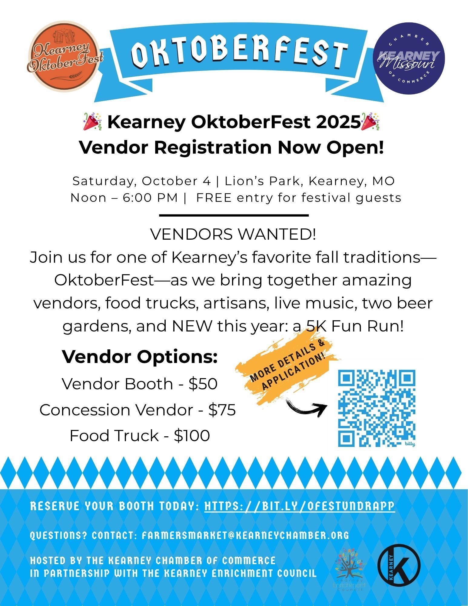 Flyer for Kearney Oktoberfest 2025, with vendor registration open, featuring vendor options and event details for October 4th at Lion's Park in Kearney, MO.