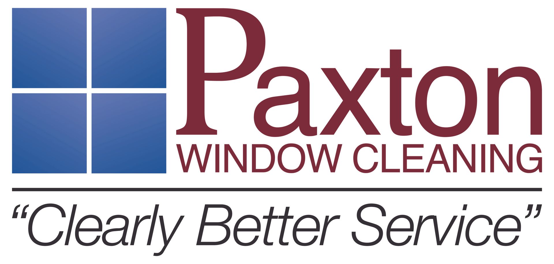 Logo for Paxton Window Cleaning. Includes a stylized window icon, the company name in maroon, and the tagline