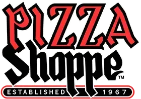 Pizza Shoppe logo. Black letters with red highlights, reads 