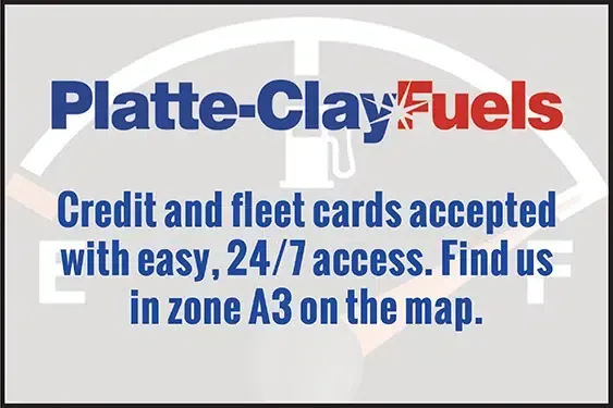 Advertisement for Platte-Clay Fuels: Accepts credit/fleet cards, 24/7 access. Located in zone A3. Logo features fuel pump.