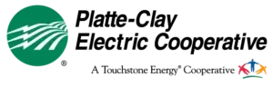 Logo of Platte-Clay Electric Cooperative, featuring a green circle with lightning bolts and wavy lines, the company name, and