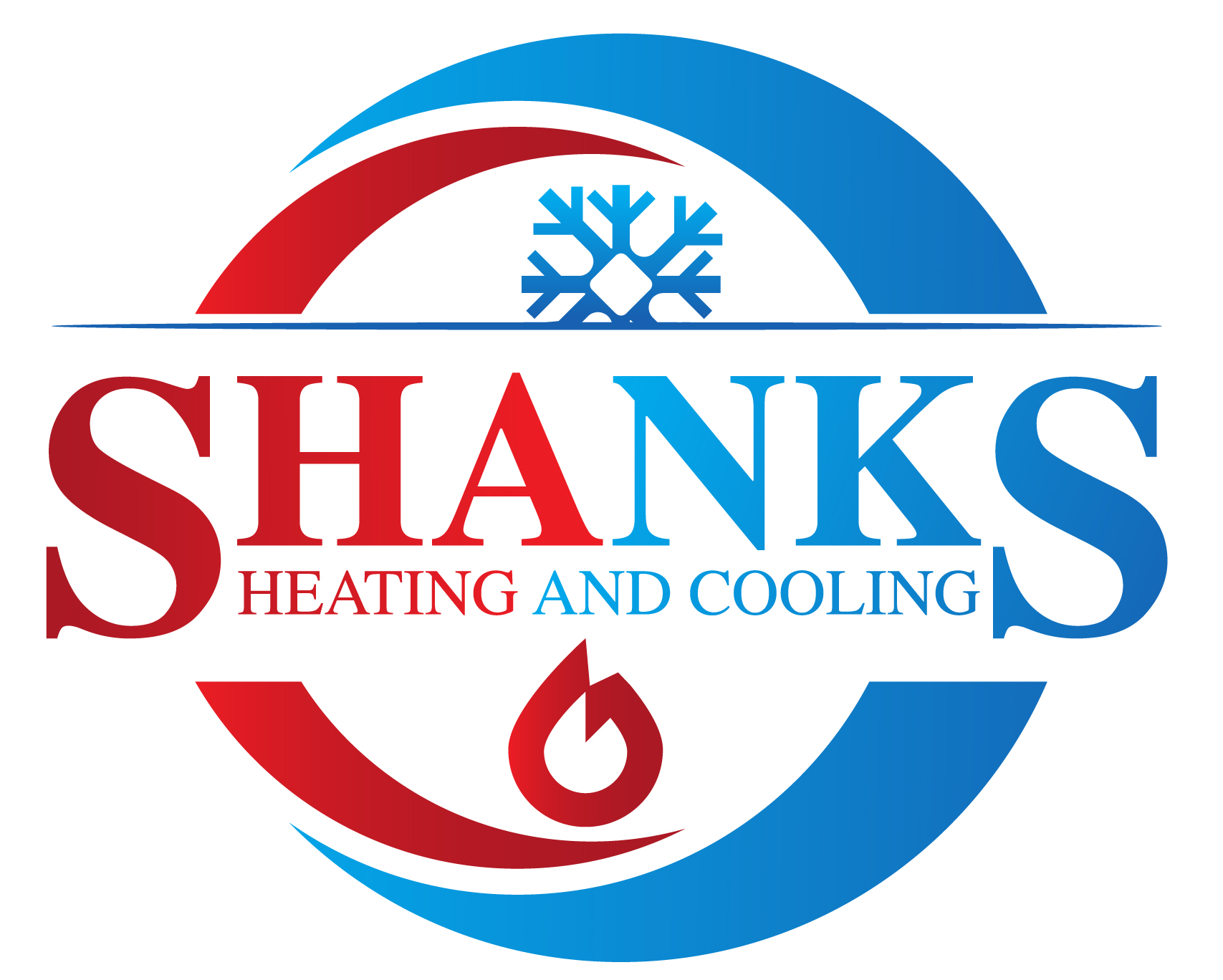 Logo for Shanks Heating and Cooling, featuring a stylized circle with red and blue arcs, a snowflake, flame, and text.