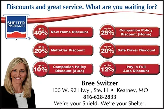 Shelter Insurance ad: Offers discounts. Features Bree Switzer, a blonde woman, and red circular discount percentages (up to 40% for new home, etc.).