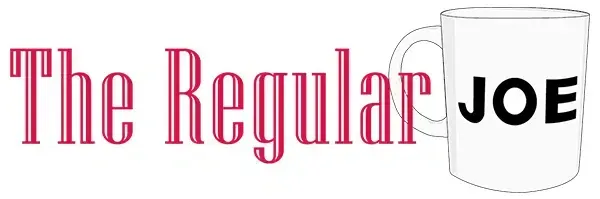 The Regular Joe coffee mug logo with pink text and a white mug with 