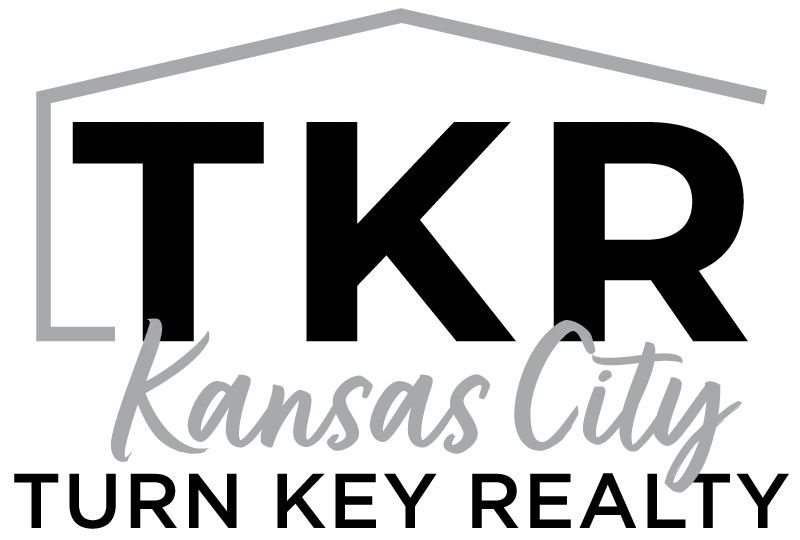 Logo for TKR Kansas City, real estate company; bold TKR letters with Kansas City script below and