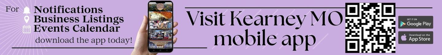 Promotional banner: Visit Kearney MO mobile app. Shows a phone with app interface, QR code, and links to app stores.