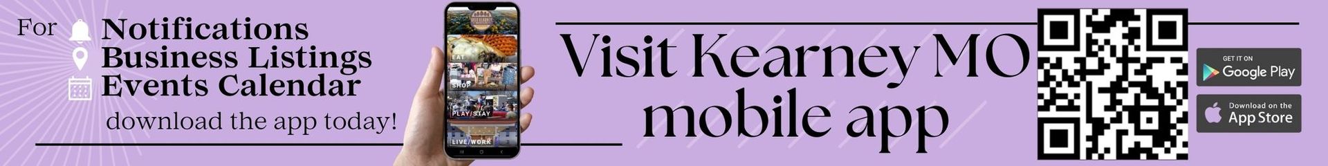 Promotional banner: Visit Kearney MO mobile app. Shows a phone with app interface, QR code, and links to app stores.