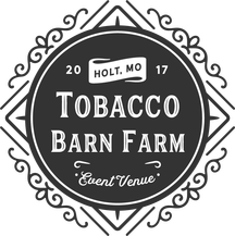 Logo for Tobacco Barn Farm, an event venue in Holt, MO, featuring a black and white circular design with text and decorative flourishes.