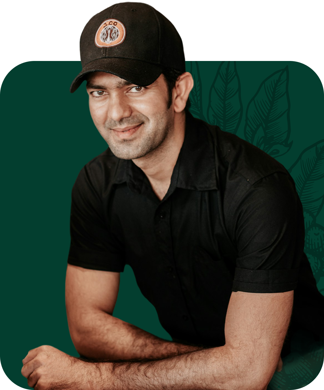 Man drinking iced coffee; man in cap; contact info with green and orange accents.