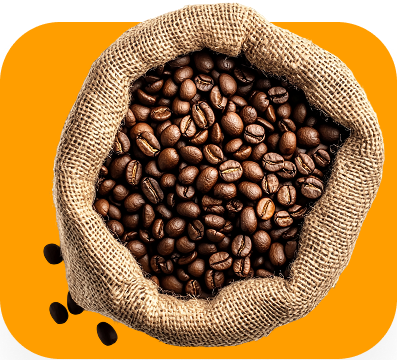 Coffee beans spilling from a burlap sack on an orange background.