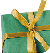 Green gift box tied with a gold ribbon.