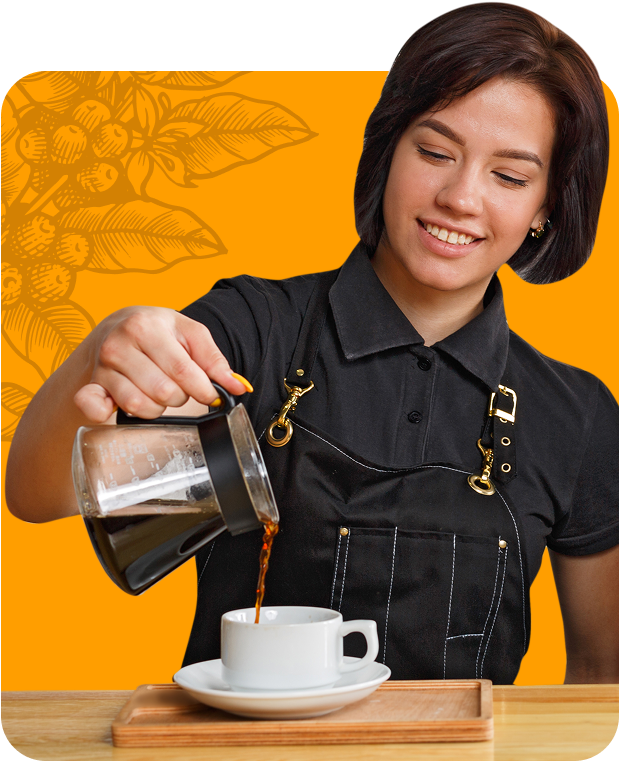 Barista pours coffee into a white cup; orange background with coffee plant illustration.