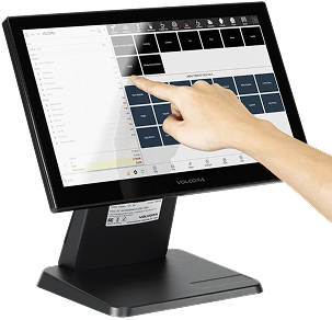 Black touch screen monitor, person's finger touching the screen to make a selection.