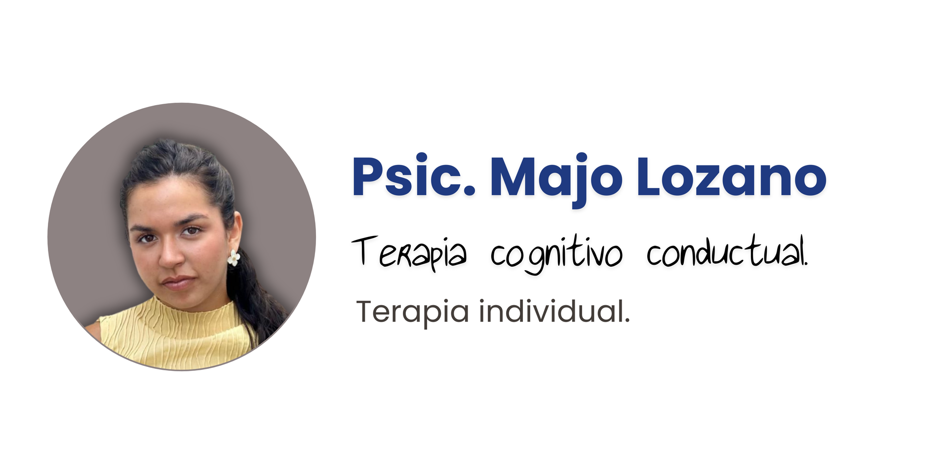 Retrato de una mujer dentro de un círculo gris, con un texto al lado en azul: 