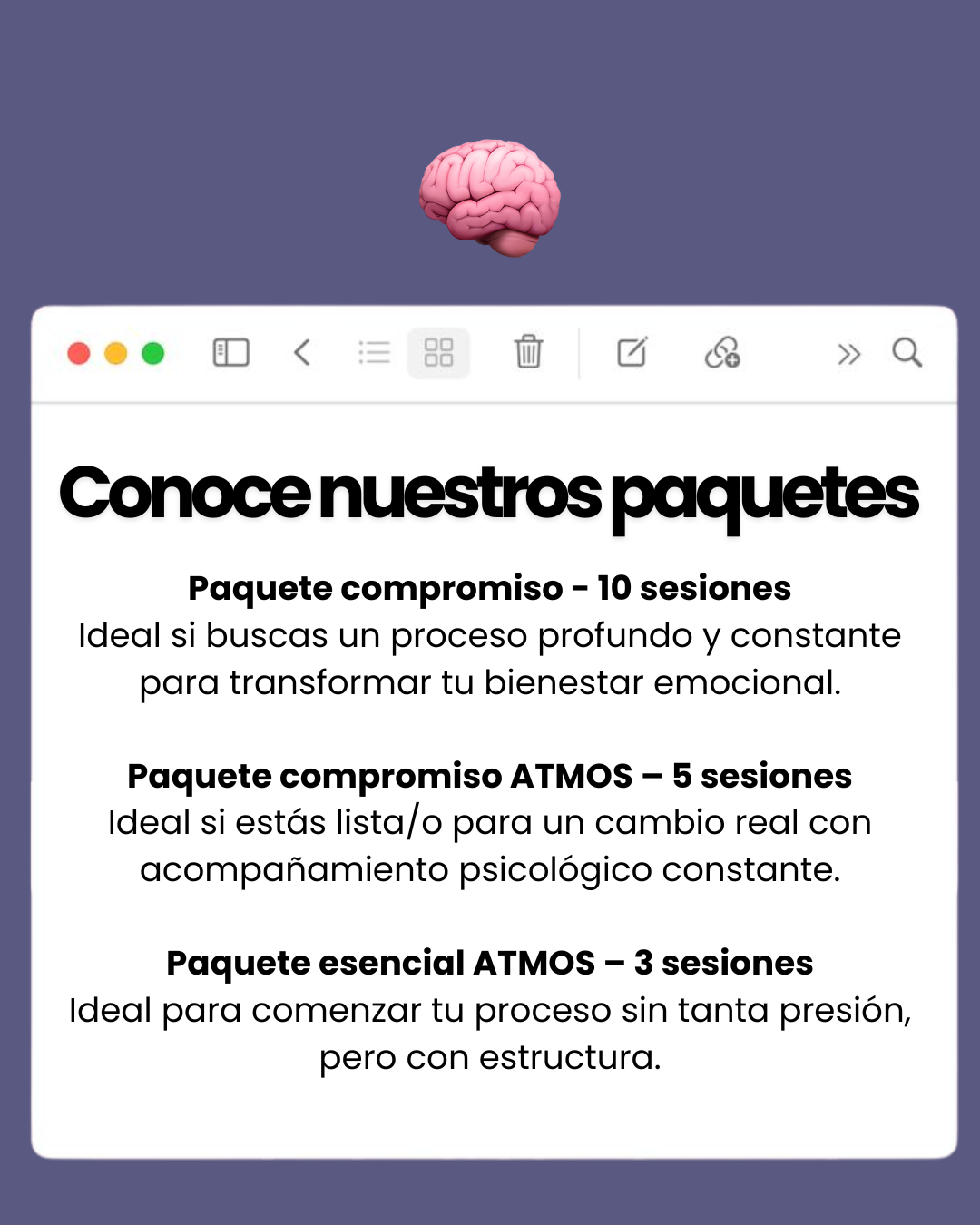 Gráfico del cerebro sobre una página web que muestra las opciones de paquetes de terapia: compromiso (10 sesiones), ATMOS (5 sesiones) y ATMOS esencial (3 sesiones).