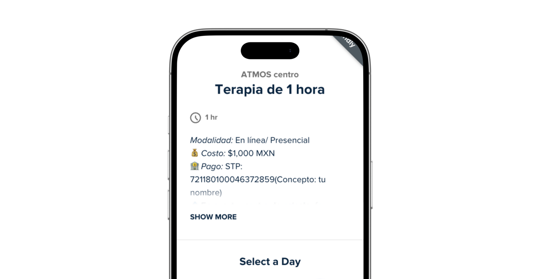 Un teléfono que muestra los detalles de una sesión de terapia de 1 hora.