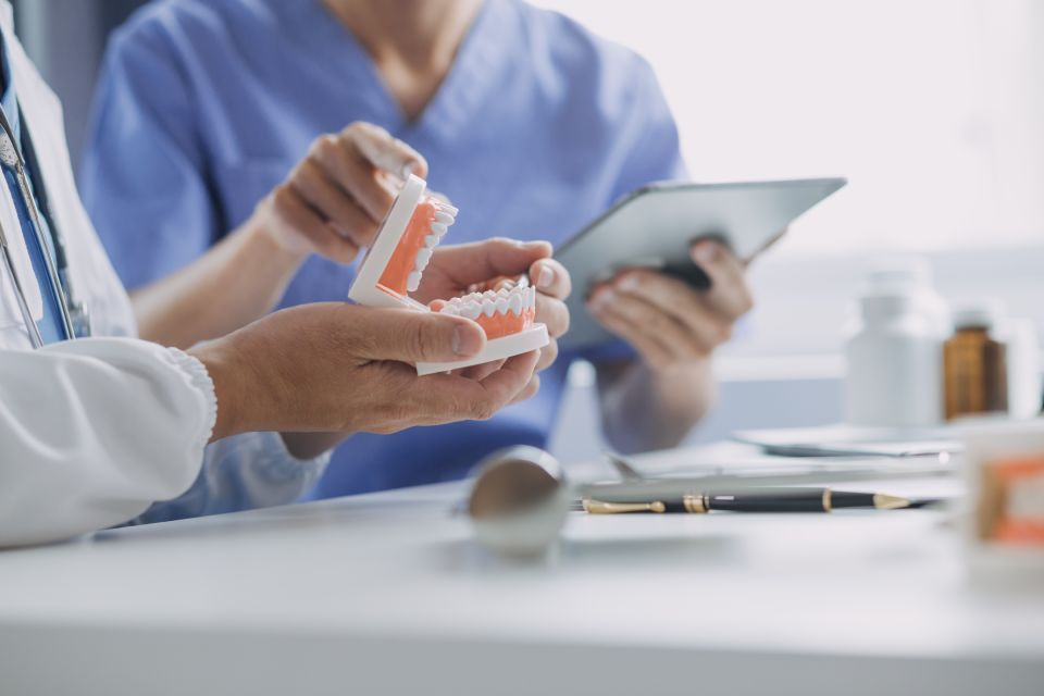 Two healthcare workers examining a dental model. One holds model, the other holds a tablet.