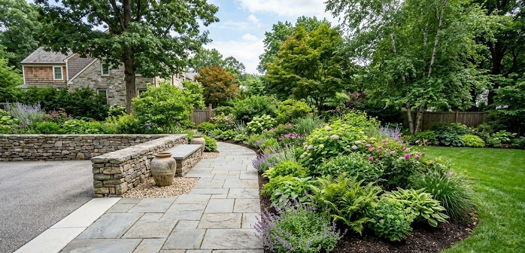 A stone path winds through a lush garden with a stone retaining wall, green foliage, trees, and a house in the distance.