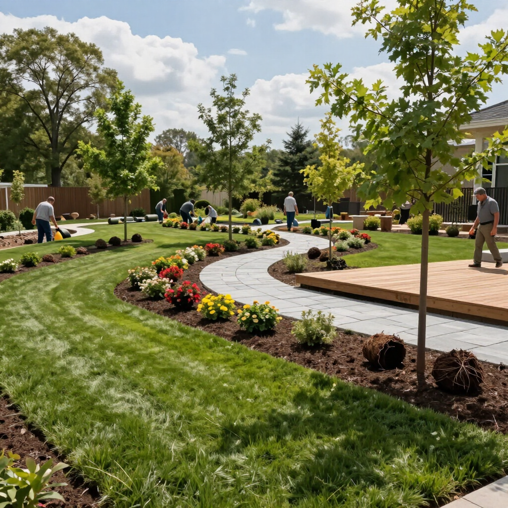 Landscaped suburban garden with colorful flowers, stone path, and a person tending plants