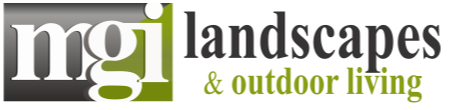 Logo for MGI Landscapes & Outdoor Living, white text on dark gray and green background.