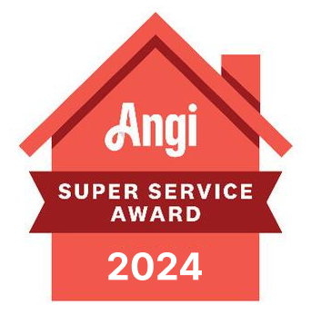Angi Super Service Award badge in red, 2024. House shape with Angi logo and ribbon.