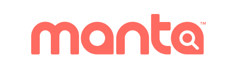 Manta logo in coral with a search icon integrated into the