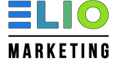 A blue and green logo for elio marketing
