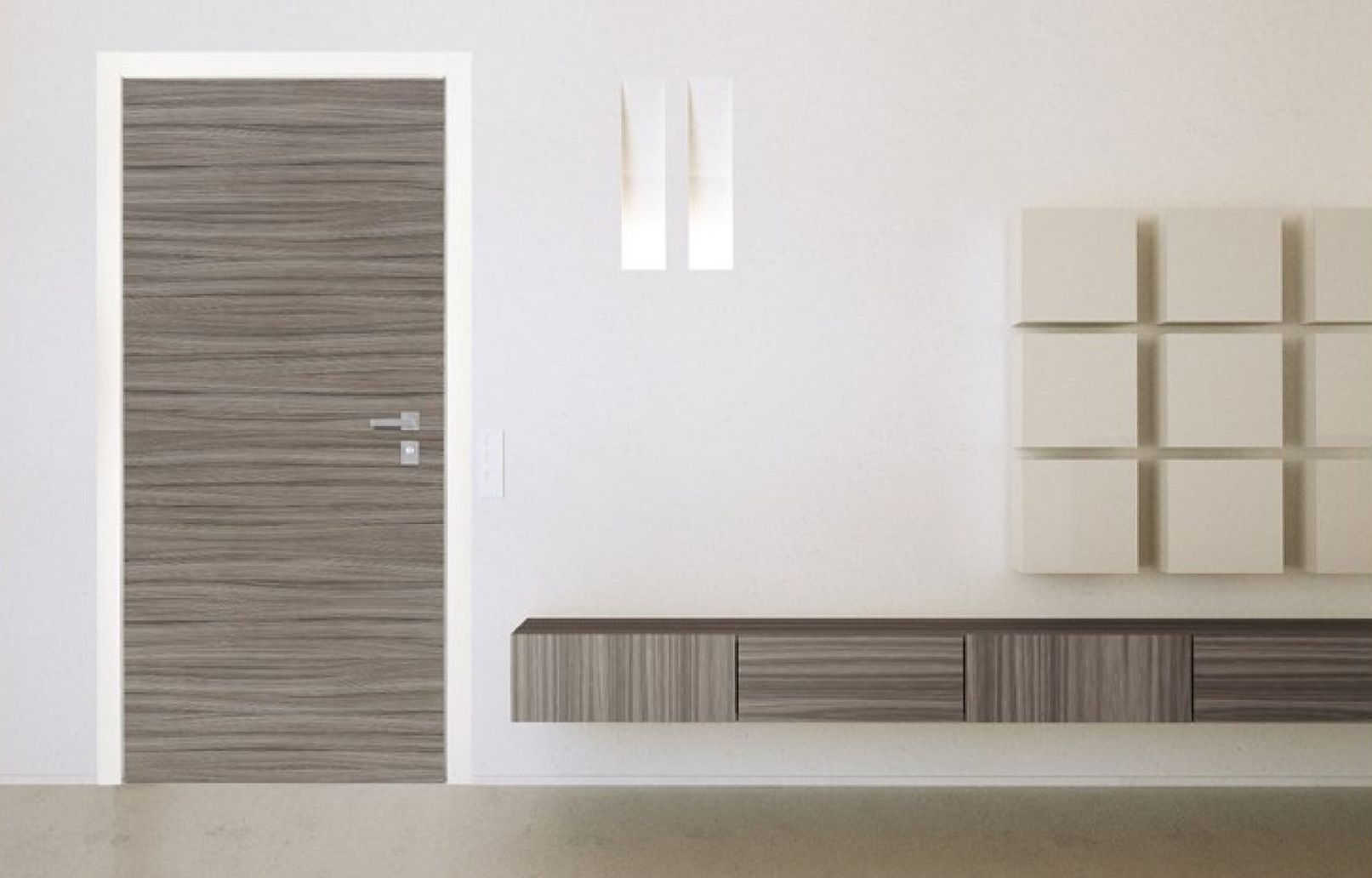 Un soggiorno con una porta grigia e una mensola sul muro.