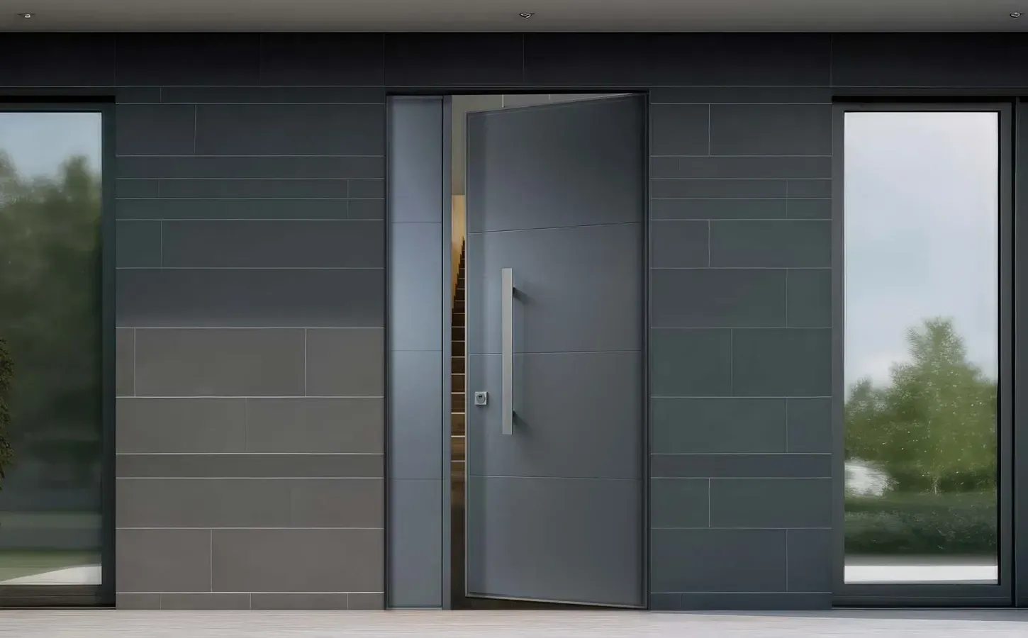 Una casa moderna con una grande porta e finestre