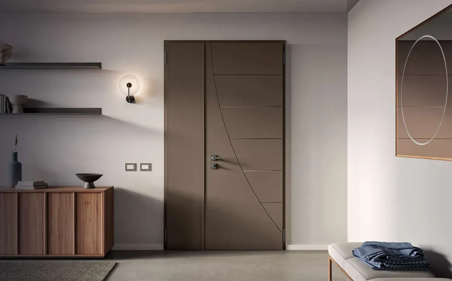 Un soggiorno con una porta marrone e un mobile in legno.