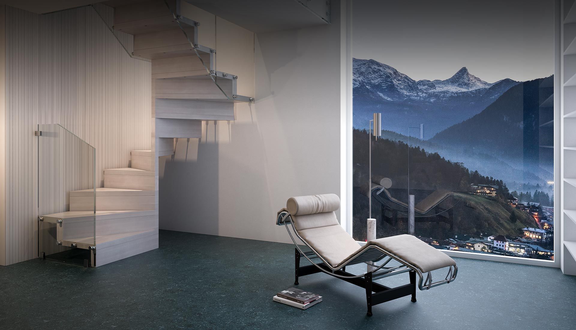 Un soggiorno con chaise longue e scala a chiocciola.