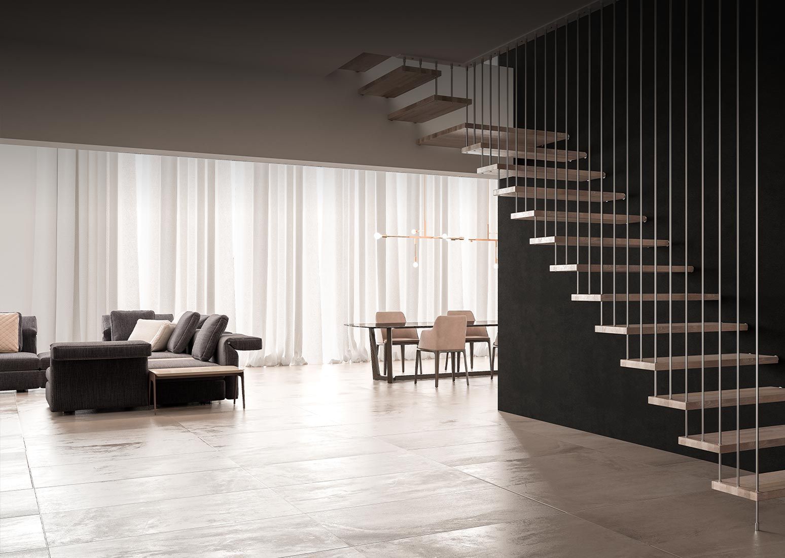 Un soggiorno con divano, sedie, tavolo e scale.