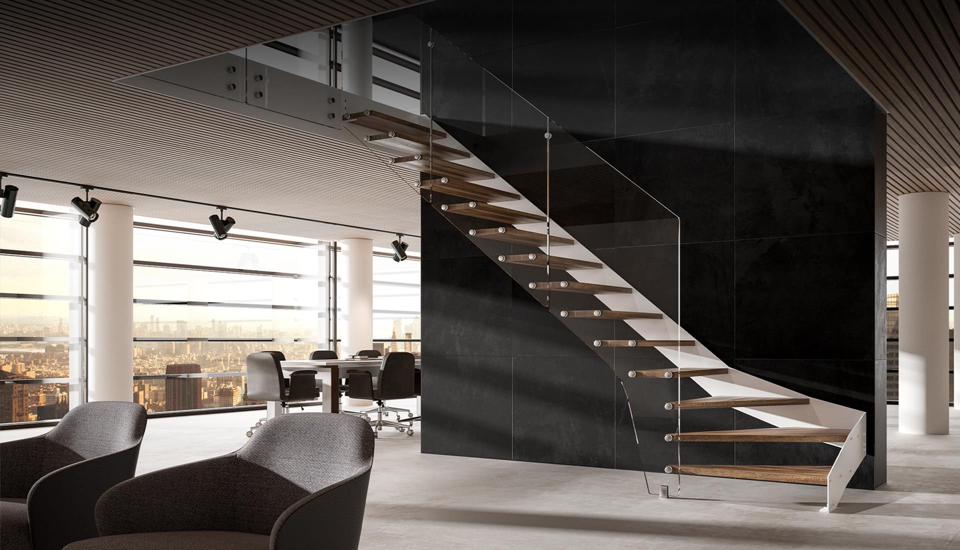 C'è una scala al centro della stanza.