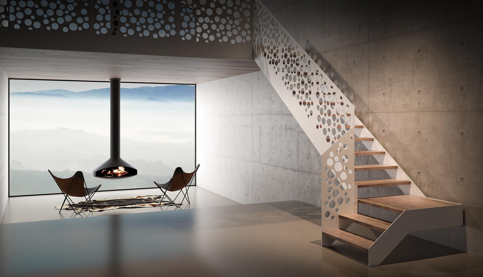 Un soggiorno con scala e camino