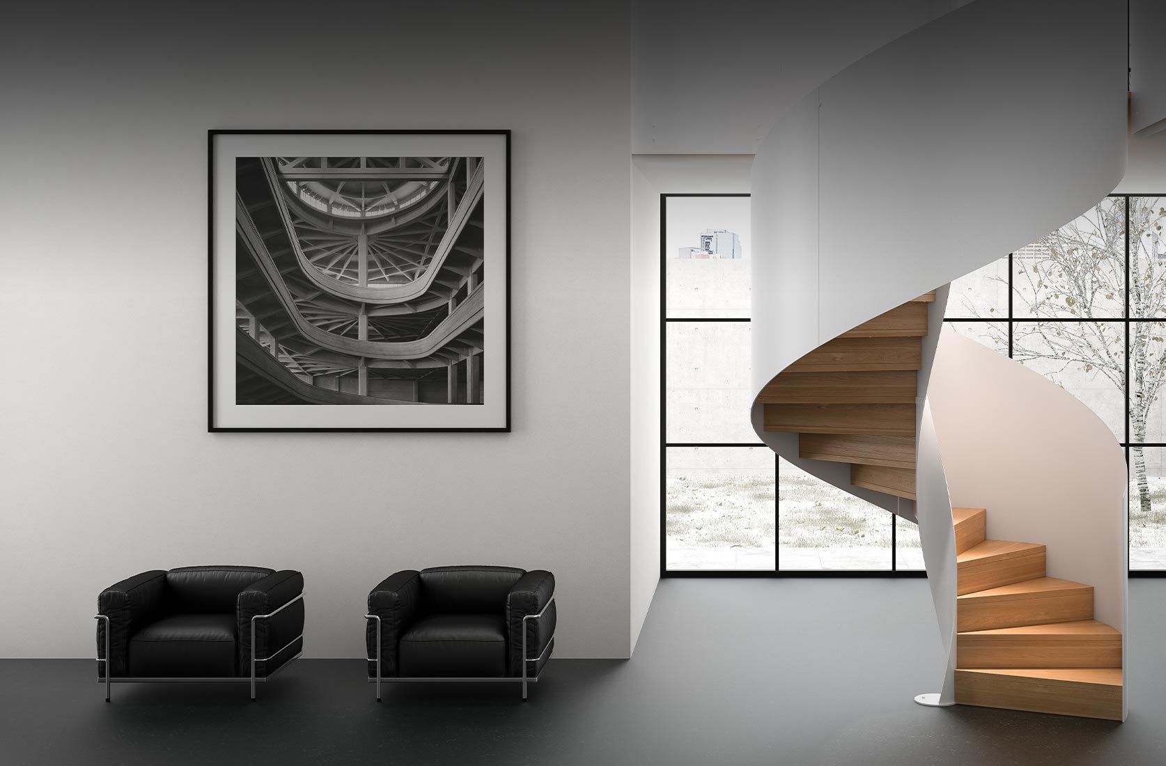 Un soggiorno con due sedie e una scala a chiocciola.