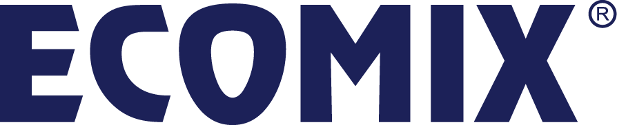 Un logo blu e bianco per ecomix su sfondo bianco