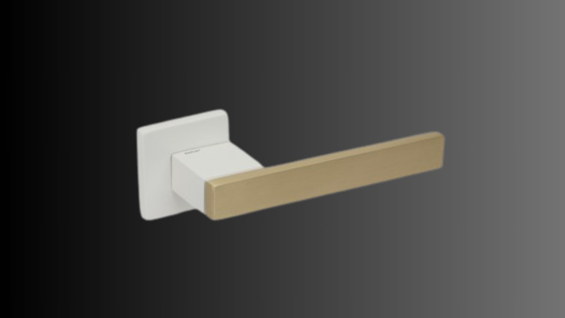 Una maniglia bianca con una maniglia dorata su sfondo nero.