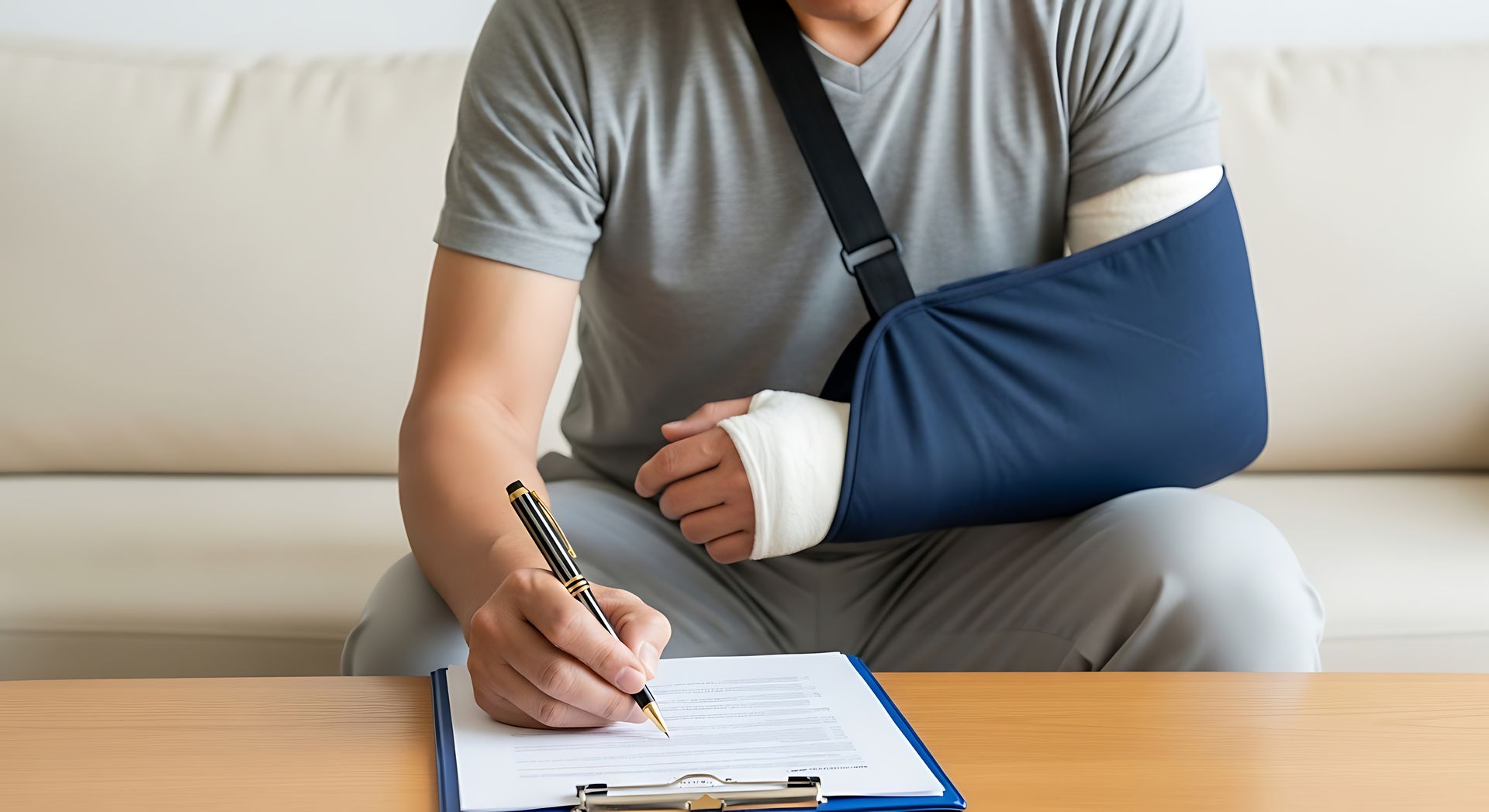 Person with an arm injury in a sling signing insurance claim paperwork Person with an arm injury in a sling signing insurance claim paperwork