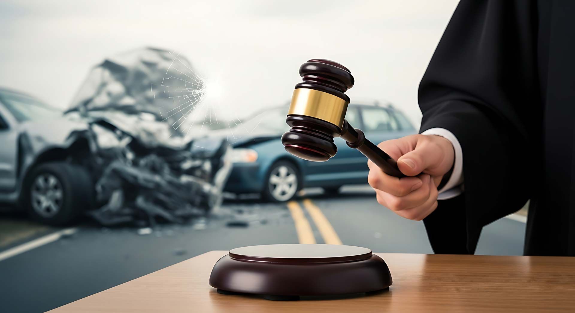 Auto injury lawyer holding gavel with blurred car crash scene and damaged vehicles in background. Auto injury lawyer holding gavel with blurred car crash scene and damaged vehicles in background.