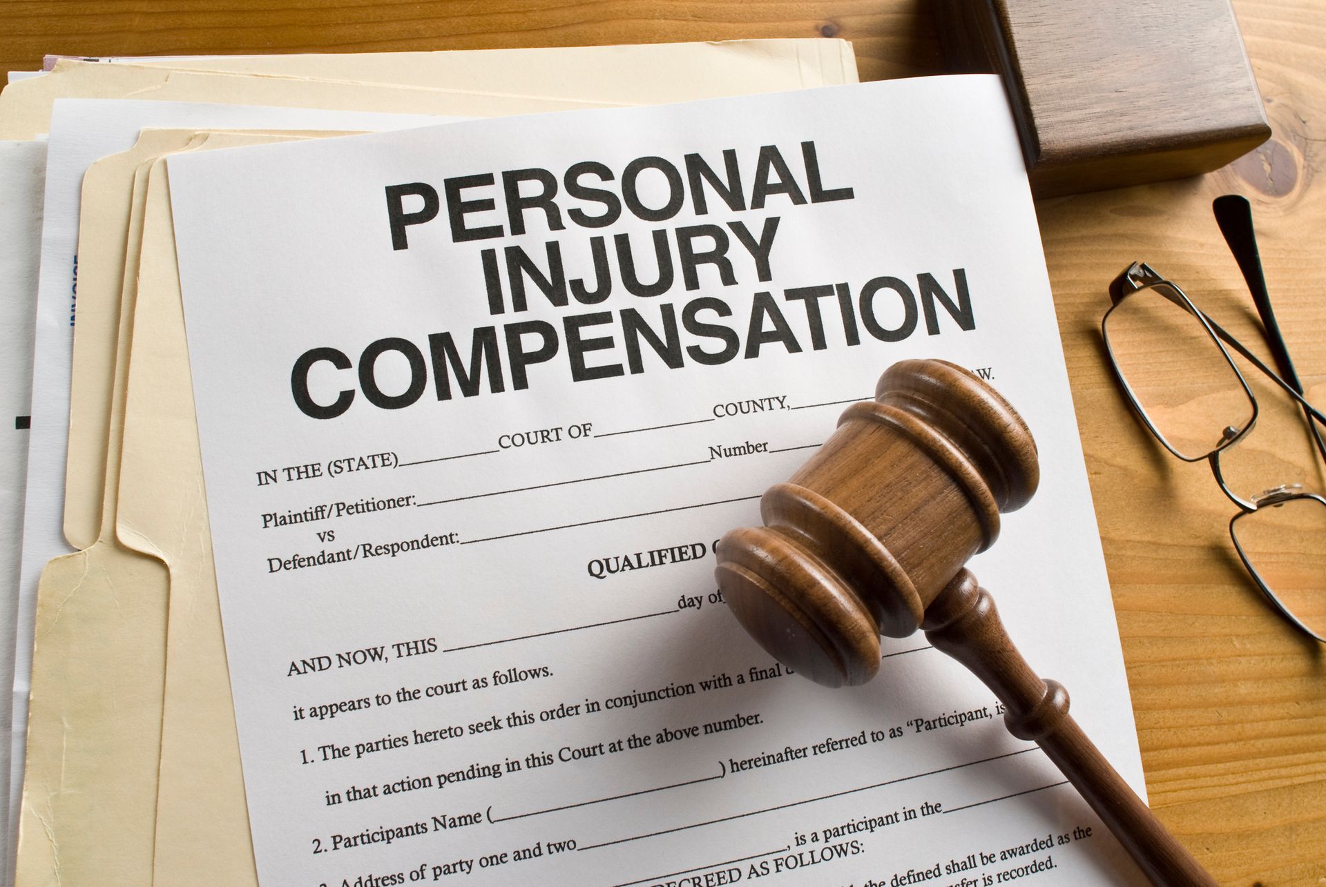 Personal injury compensation form with gavel and legal documents on desk.